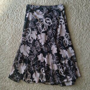 Vintage 90s First Option Black Ruffle Midi Skirt with Pink Floral Print Size S